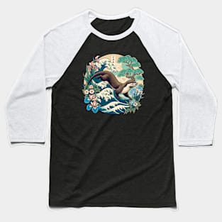 Aquatic Animal Vintage Ocean Wave Art Floral Japanese Otter Baseball T-Shirt